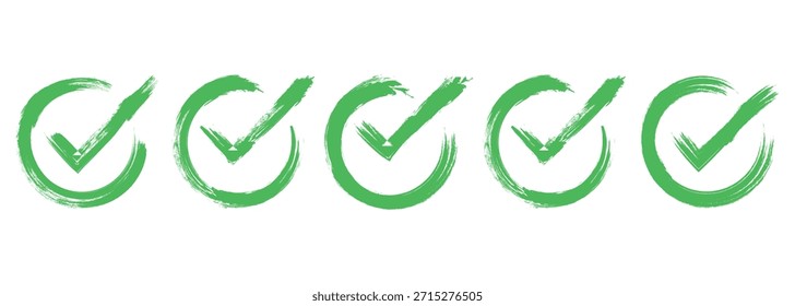 ícone de marca de seleção verde dentro da caixa quadrada, símbolo de tique pintado com pincel desenhado à mão. Marque o ícone da marca de verificação definido. marca de verificação verde pincel. caixas de verificação de esboço, marque.