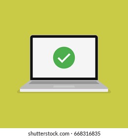 Green checkmark icon on computer screen. Modern flat vector illustration.