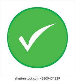 Green checkmark icon on white background for design success approval with bright green circular circular button affirmative interface indicator