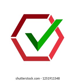 Green checkmark icon in red hexagon divided into parts. Flat image.