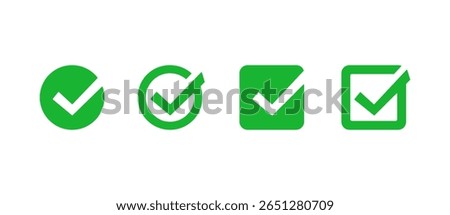 Green checkmark icon set. Tick, mark, checkbox, approved, ok, checklist, vote, check mark box square frame, agree sign for web and app design. Vector illustration with transparent PNG background