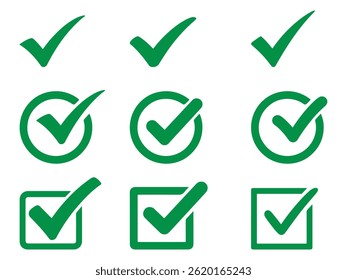 Green checkmark icon set vector illustration on white background