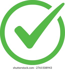 Green checkmark icon within a circular outline symbolizing approval or confirmation. Vector