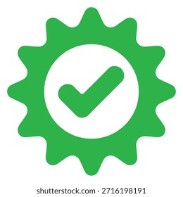 Icono de marca de verificación verde dentro de un círculo blanco y una insignia decorativa en forma de rueda dentada que simboliza la calidad y la Aprobación del éxito