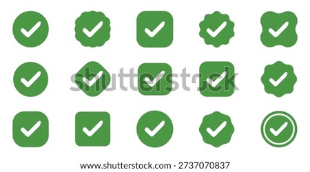 Green checkmark icons. Verified badges, approval symbols. Circular, square, starburst shapes. Success confirmation.