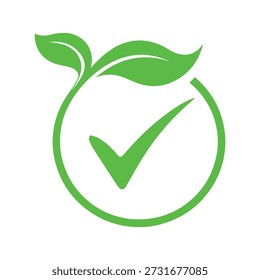 Green checkmark inside a circle with leaves symbolizes eco friendly approval