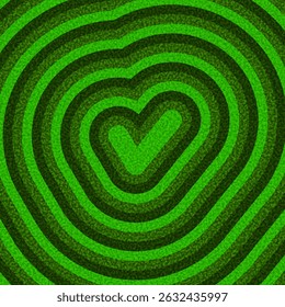 Green checkmark inside a heart formed by rippling lines, symbolizing approval or positivity. Vector illustration.