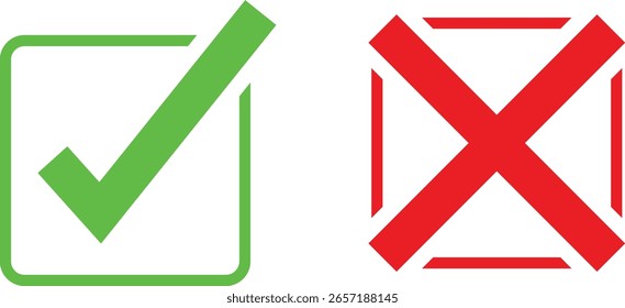 A green checkmark inside a square and a red cross inside a square, isolated on a white background.