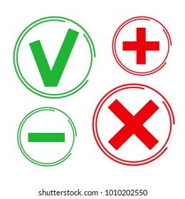 Green checkmark OK and red X icons, isolated on white background. Flat design.