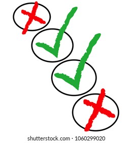 Green checkmark OK and red X icons, isolated on white background. Flat design, vector.