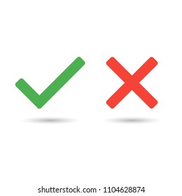 Green checkmark OK and red X icons, isolated on white background. Simple marks graphic design. Symbols YES and NO button