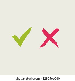 Green checkmark OK and red X vector icons isolated on background. Symbols YES and NO for decision making, vote, mobile app, web site. Right and wrong check mark sign 10 eps