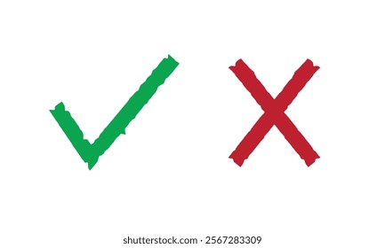 Green checkmark OK and red X icons, Tick and cross brush signs, Symbols YES and NO button for vote, decision, web. Right and wrong. Vector