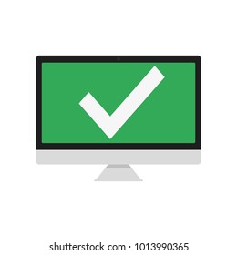 Green checkmark on computer screen OK,vector icon illustration flat design