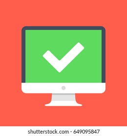 Green checkmark on computer screen. PC, desktop computer with white tick. Success concept. Modern design for web banners, web sites, infographics. Flat design vector illustration