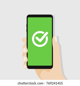 Green checkmark on smartphone screen. Hand holding smartphone. vector