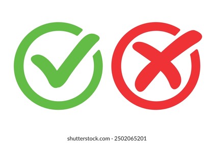 Green checkmark and red cross in circles, icons for quiz evaluation. Vector