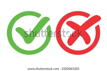 Green checkmark and red cross in circles, icons for quiz evaluation. Vector