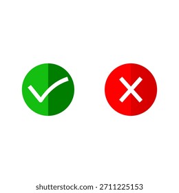 Marca de verificación verde y conjunto de iconos de cruz roja para signos de Aprobación y error. Símbolos planos simples para la interfaz de usuario, notificaciones e instrucciones. Perfecto para App, Sitios web y presentaciones.