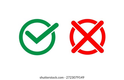 Marca de verificación verde y conjunto de iconos de cruz roja, símbolo de signo sí no, símbolo de icono de marca de verificación, símbolos de marca de verificación, marcas de elección correctas o incorrectas modernas, opción de símbolos Sí y No.