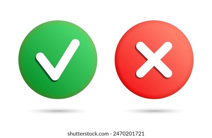 A green checkmark and red cross icons, isolated on a white background, symbolizing approval and disapproval, vector set.