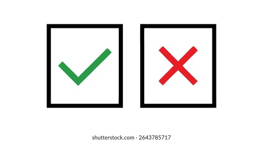 Green checkmark and red cross inside square boxes, representing approval and disapproval.