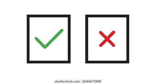Marca de verificación verde y cruz roja dentro de cajas cuadradas, que simbolizan la Aprobación y la desaprobación.