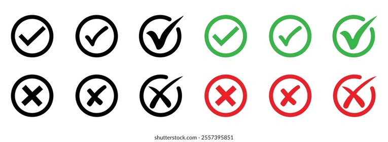 Green checkmark and red cross mark isolated set. Yes, no symbol vector.  Right and wrong symbol. Accepted and rejected symbol vector. Approved and disapproved. Correct and false. Ok and not.