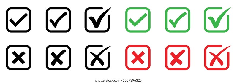 Green checkmark and red cross mark isolated set. Yes, no symbol vector.  Right and wrong symbol. Accepted and rejected symbol vector. Approved and disapproved. Correct and false. Ok and not.