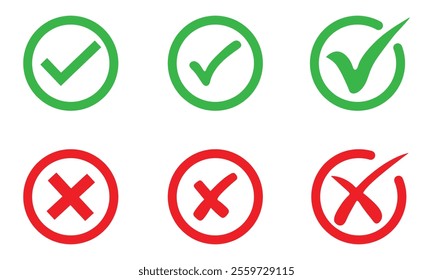 Green checkmark and red cross mark isolated set. Yes, no symbol vector.  Right and wrong symbol. Accepted and rejected symbol vector. Approved and disapproved. Correct and false. Ok and not.