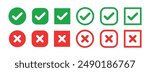 Green checkmark and red cross on isolated white background vector symbol for right and wrong choices. Modern flat design, Checkmark icon set. Checkmark right symbol tick sign. 