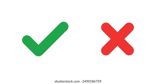 Green checkmark and red cross on isolated white background vector symbol for right and wrong choices. Modern flat design, Checkmark icon set. Checkmark right symbol tick sign. 