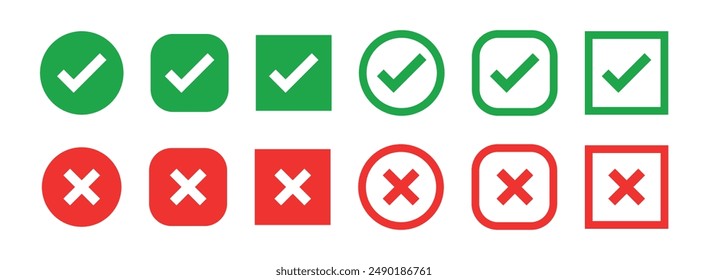 Green checkmark and red cross on isolated white background vector symbol for right and wrong choices. Modern flat design, Checkmark icon set. Checkmark right symbol tick sign. 