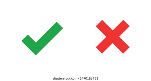 Grünes Häkchen und rotes Kreuz auf einem isolierten weißen Hintergrund Vektorgrafik Symbol für richtige und falsche Auswahl. Modernes flaches Design, Häkchen-Icon-Set. Häkchen rechts Symbol Häkchen Zeichen. 