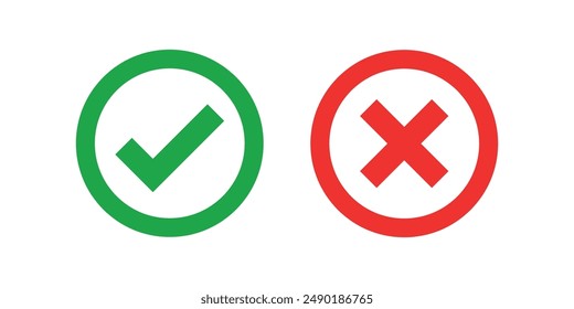 Green checkmark and red cross on isolated white background vector symbol for right and wrong choices. Modern flat design, Checkmark icon set. Checkmark right symbol tick sign. 