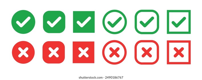 Green checkmark and red cross on isolated white background vector symbol for right and wrong choices. Modern flat design, Checkmark icon set. Checkmark right symbol tick sign. 