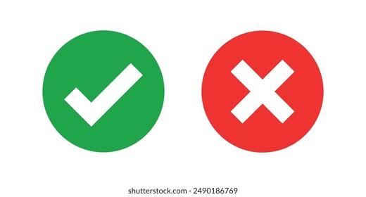 Green checkmark and red cross on isolated white background vector symbol for right and wrong choices. Modern flat design, Checkmark icon set. Checkmark right symbol tick sign. 