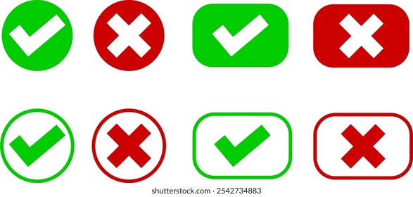 Green checkmark and red cross on isolated white background vector symbol for right and wrong choices. Modern flat design, Checkmark icon set. Checkmark right symbol tick sign.