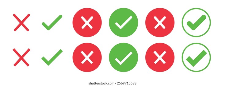 Green checkmark and red cross on isolated white background vector symbol for right and wrong choices. Modern flat design, Checkmark icon set. Checkmark right symbol tick sign.