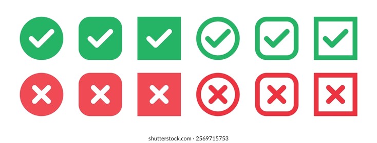 Green checkmark and red cross on isolated white background vector symbol for right and wrong choices. Modern flat design, Checkmark icon set. Checkmark right symbol tick sign.