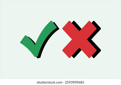 Green checkmark and red cross on isolated white background vector symbol for right and wrong choices.