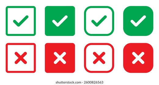 Green checkmark and red cross on isolated white background vector symbol for right and wrong choices. Modern flat design, Checkmark icon set. Checkmark right symbol tick sign