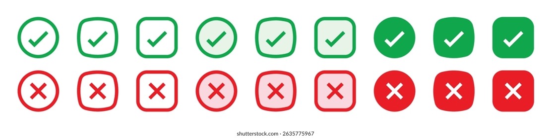 Green checkmark and red cross on isolated white background vector symbol for right and wrong choices. Modern flat design, Checkmark icon set. Checkmark right symbol tick sign. 