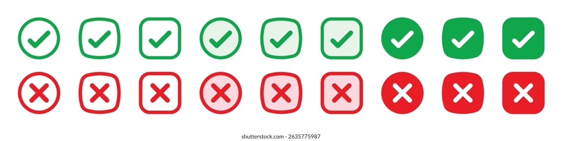 Green checkmark and red cross on isolated white background vector symbol for right and wrong choices. Modern flat design, Checkmark icon set. Checkmark right symbol tick sign. 