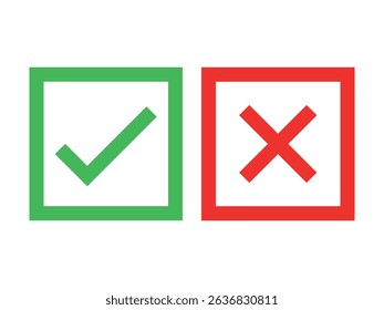 Green checkmark and red cross on isolated white background vector symbol for right and wrong choices. Modern flat design, Checkmark icon set. Checkmark right symbol tick sign.