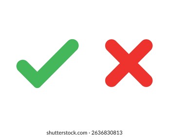 Green checkmark and red cross on isolated white background vector symbol for right and wrong choices. Modern flat design, Checkmark icon set. Checkmark right symbol tick sign.