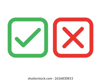 Green checkmark and red cross on isolated white background vector symbol for right and wrong choices. Modern flat design, Checkmark icon set. Checkmark right symbol tick sign.