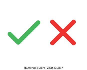 Green checkmark and red cross on isolated white background vector symbol for right and wrong choices. Modern flat design, Checkmark icon set. Checkmark right symbol tick sign.