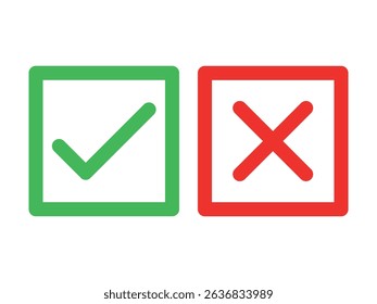 Green checkmark and red cross on isolated white background vector symbol for right and wrong choices. Modern flat design, Checkmark icon set. Checkmark right symbol tick sign.