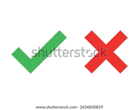 Green checkmark and red cross on isolated white background vector symbol for right and wrong choices. Modern flat design, Checkmark icon set. Checkmark right symbol tick sign.